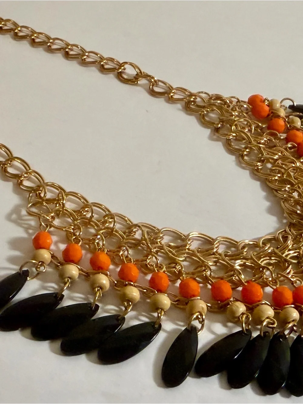 Gold Tone Black Teardrop Orange Beaded Layered Bib Statement Chunky Necklace VG